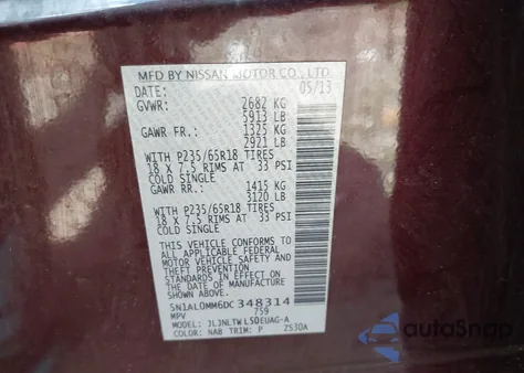 2013 Infiniti Jx35 из США, поврежденный, VIN 5N1AL0MM6DC348314